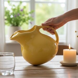 Vintage USA Yellow Ceramic Ball Pitcher with an Ice Lip Bauer Los Angeles